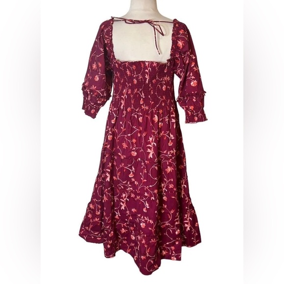 Hill House Home Midi Nesli Tiered Nap Dress in Burgundy Botanical Floral XS - Picture 8 of 12